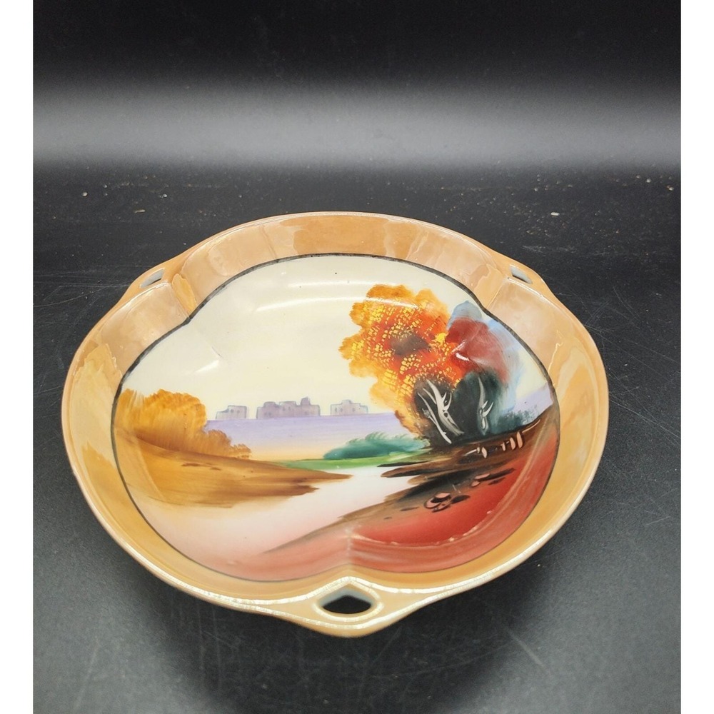 Vintage Japanese Chikaramachi Lusterware Hand Painted Bowl With Handles Orange